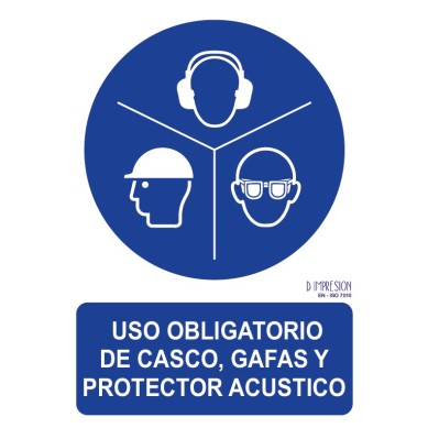 Señal uso obligatorio de casco, gafas y protector acústico ISO 7010 29,7x 21cm PVC