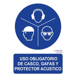 Señal uso obligatorio de casco, gafas y protector acústico ISO 7010 29,7x 21cm PVC