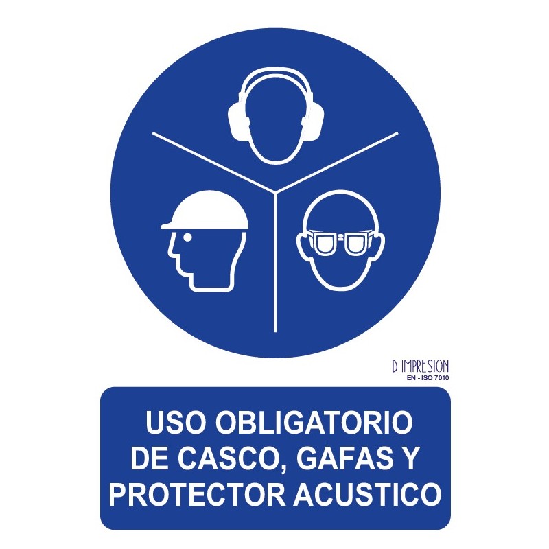 Señal uso obligatorio de casco, gafas y protector acústico ISO 7010 29,7x 21cm PVC